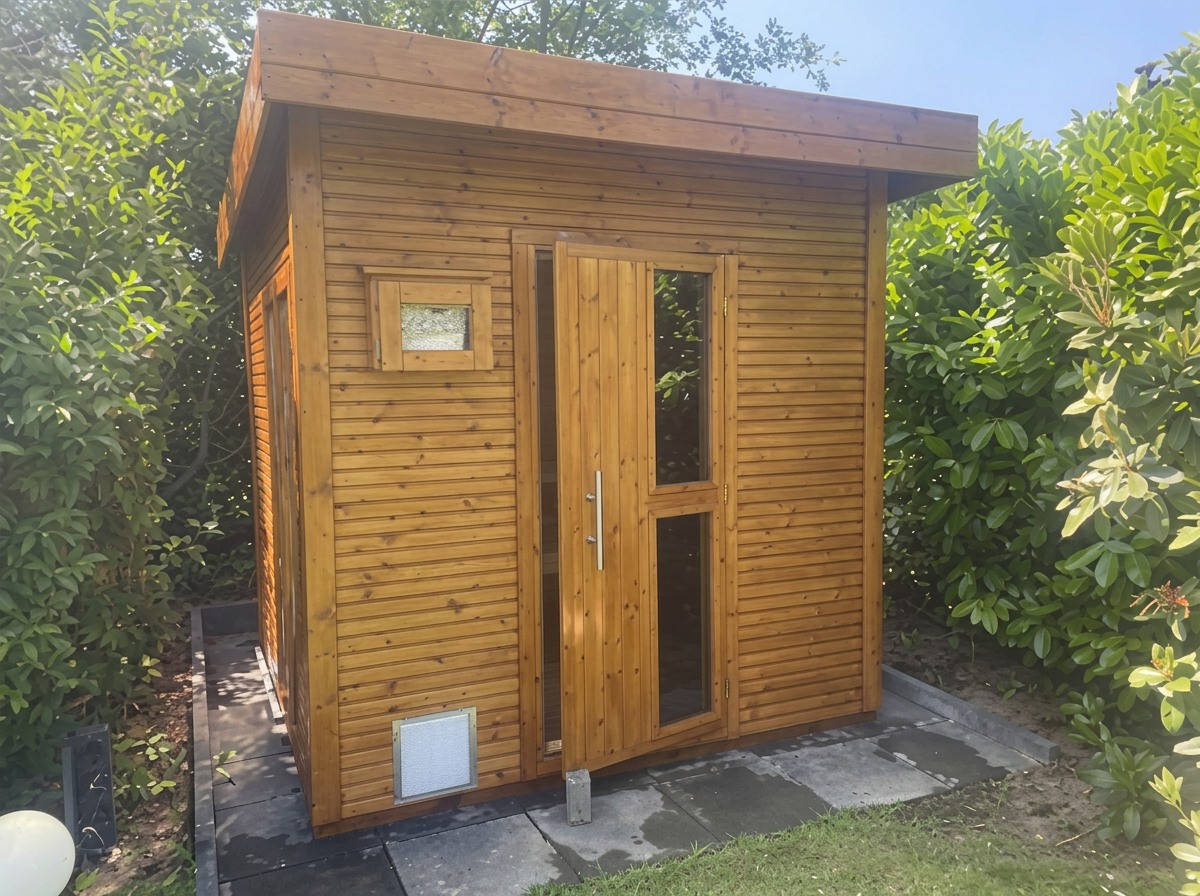 Fertiges Gartenhaus mit natürlicher Holzfassade im Grünen